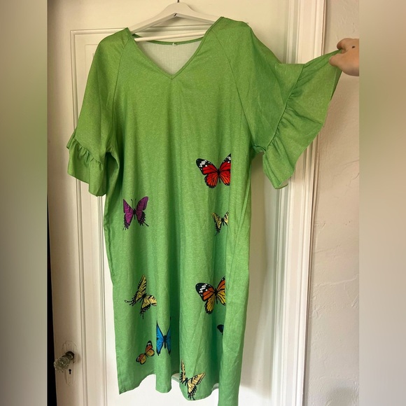 Green Butterfly Dress XXL Boho Casual Summer Dress Ruffle Sleeve V-Neck Tunic - Picture 1 of 12